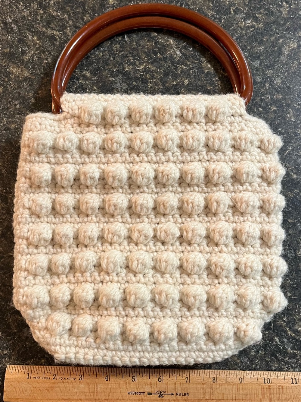 Vintage Cream-Colored Crotchet Handbag with Lucite Handles - Boho Style